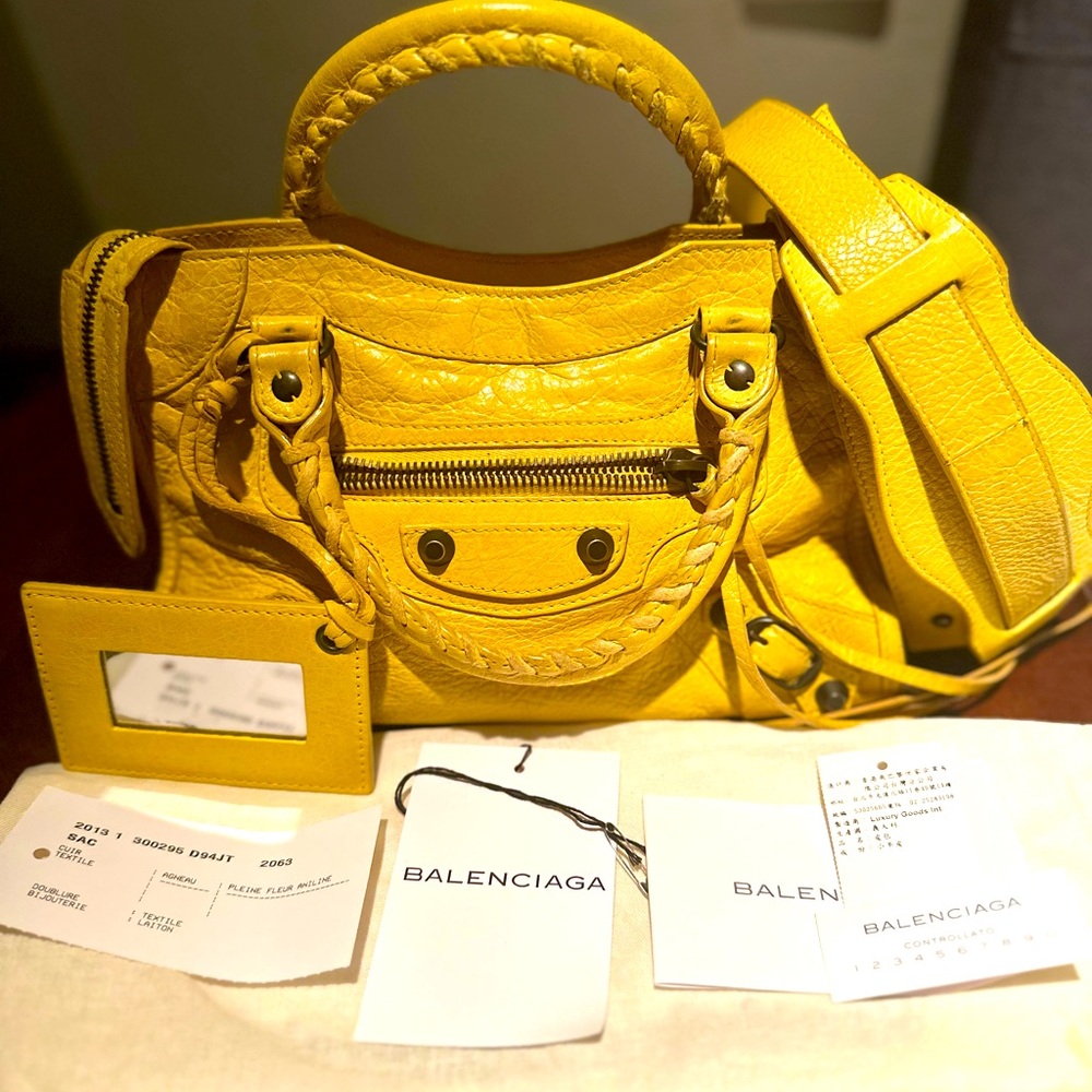Balenciaga Yellow Satchel with Distressed Leather and Studded Details